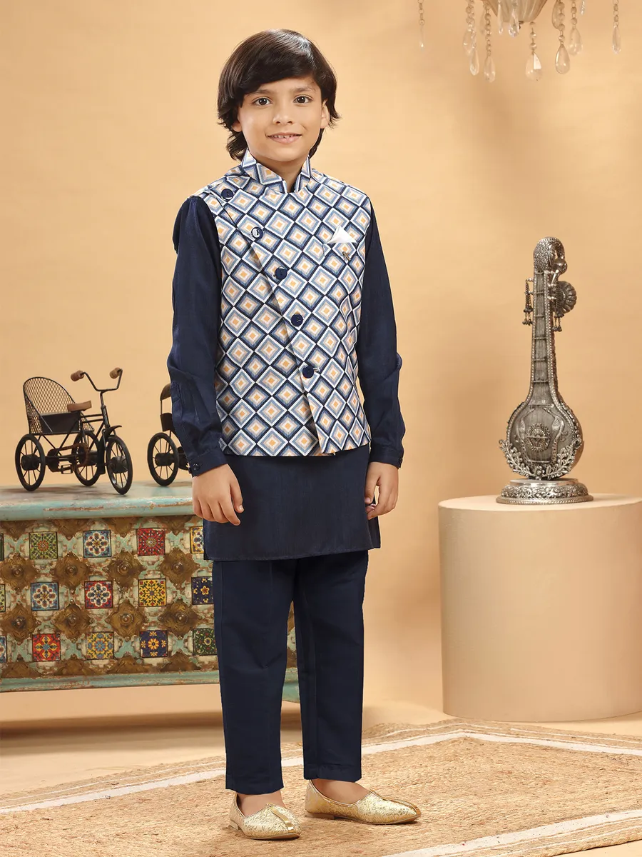 Printed navy silk waistcoat set