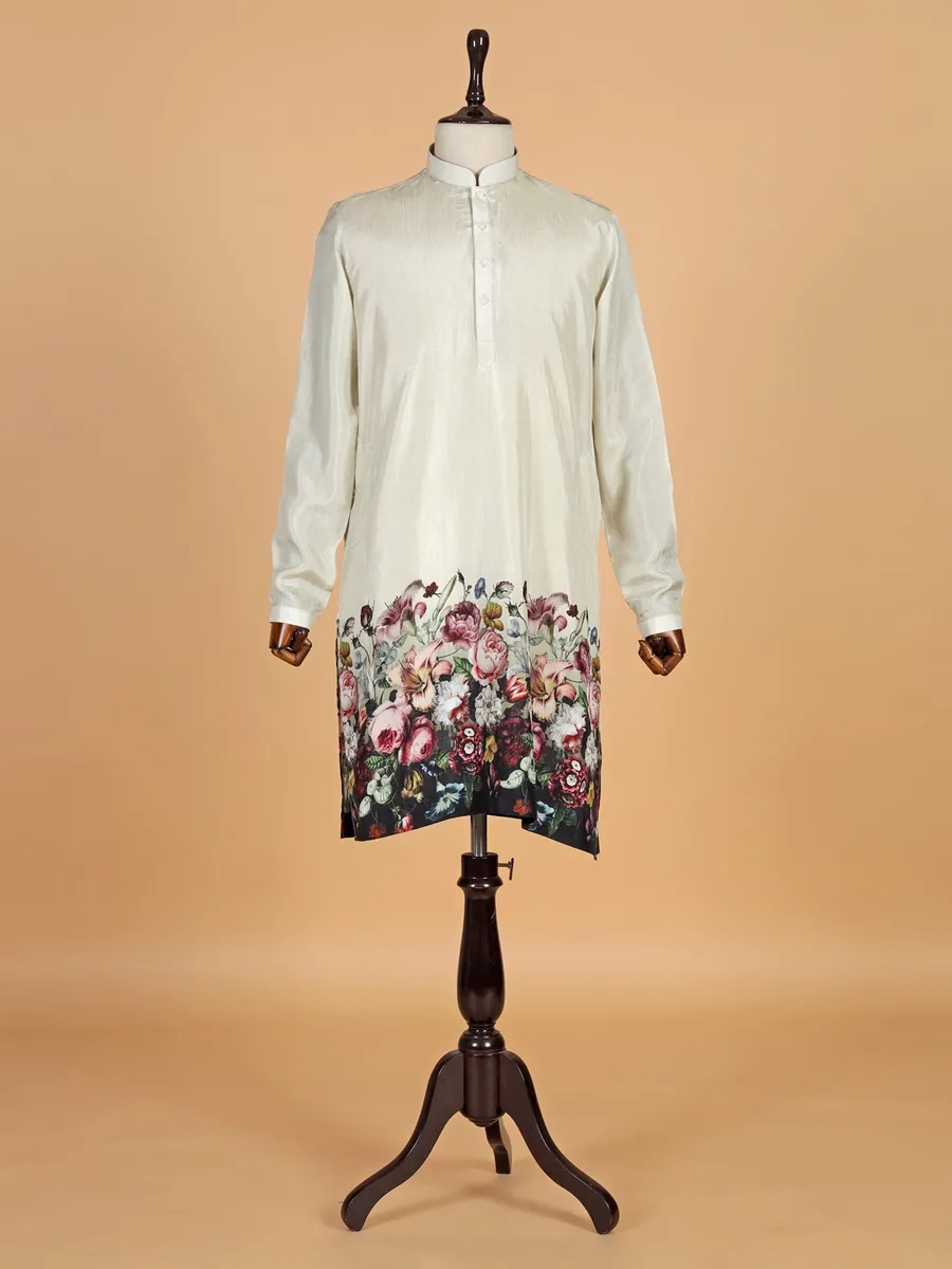 Printed new off white silk kurta suit for men