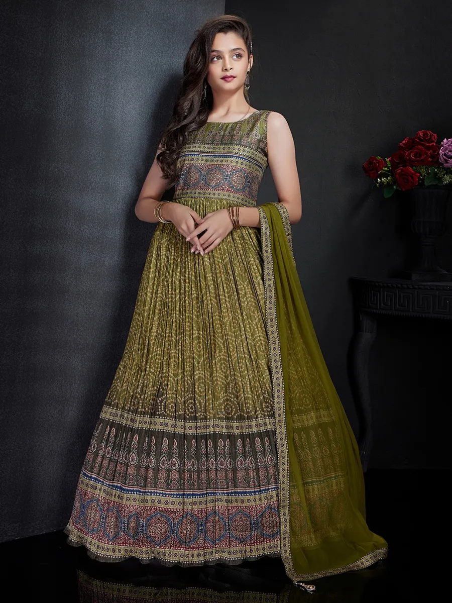 Printed olive silk floor length anarkali suit