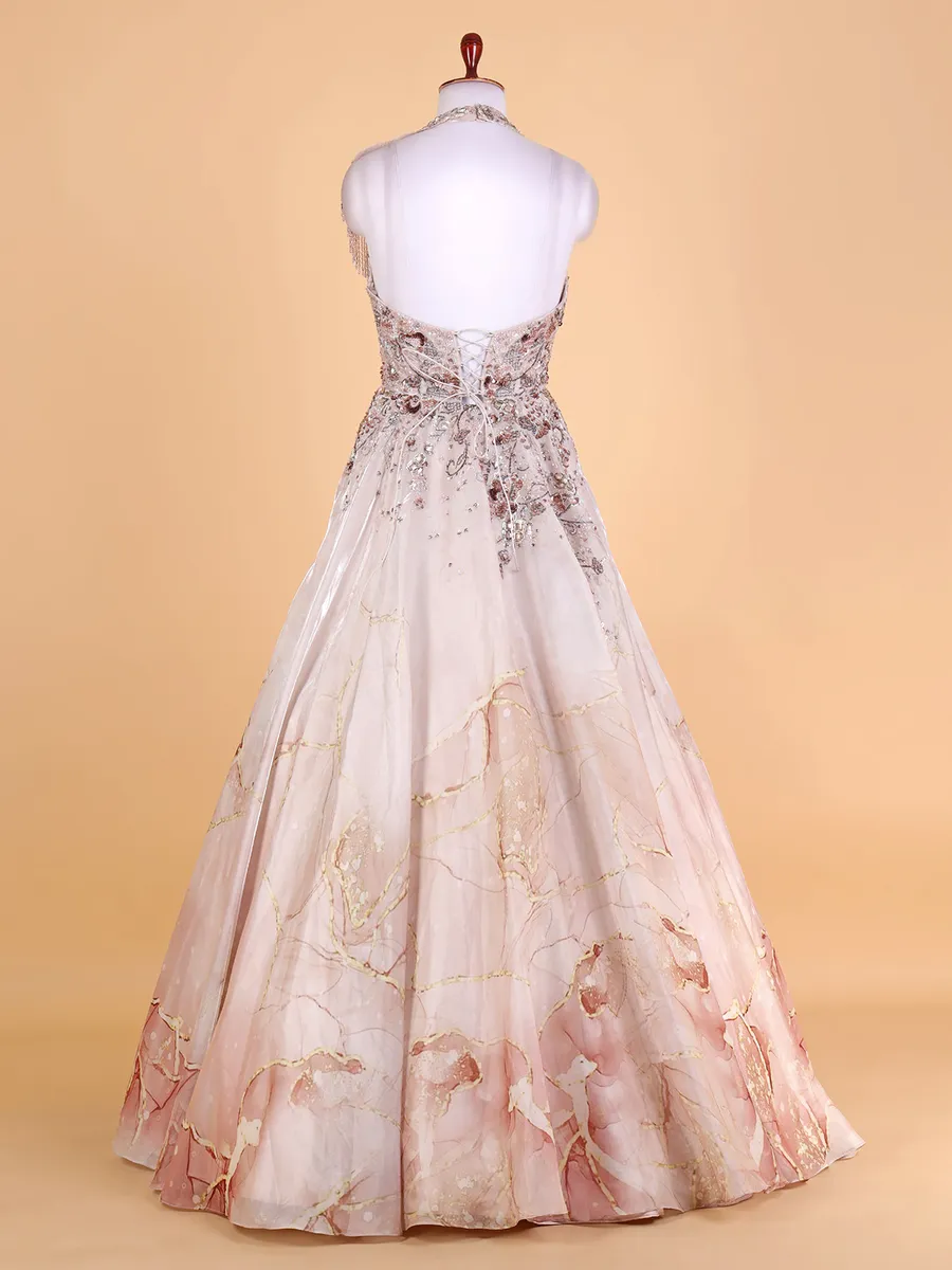 Printed peach organza designer gown