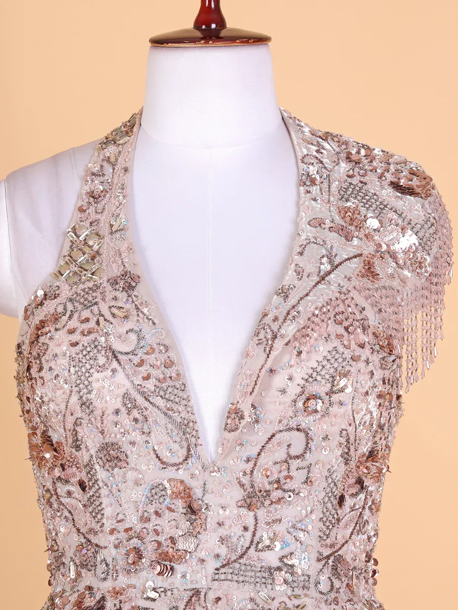 Printed peach organza designer gown