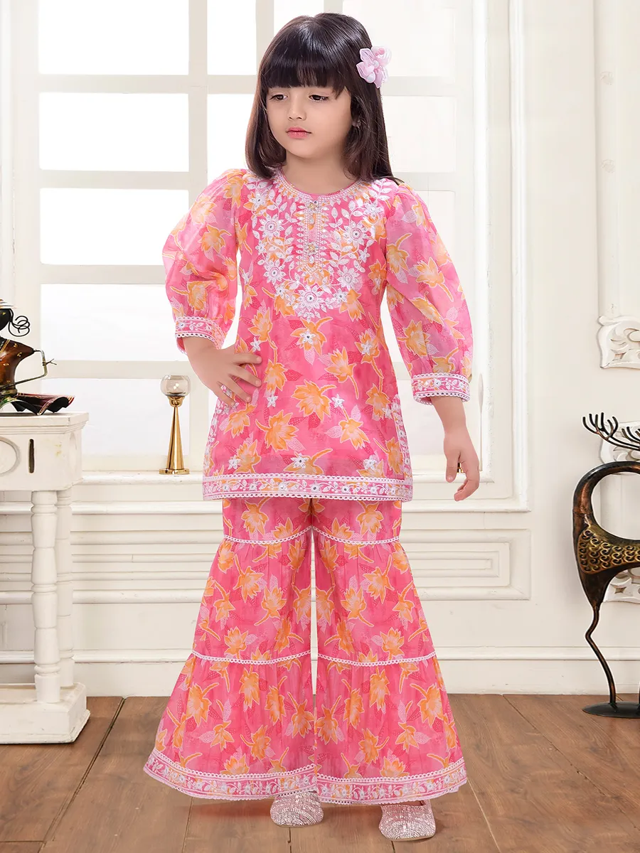 Printed pink cotton sharara salwar suit