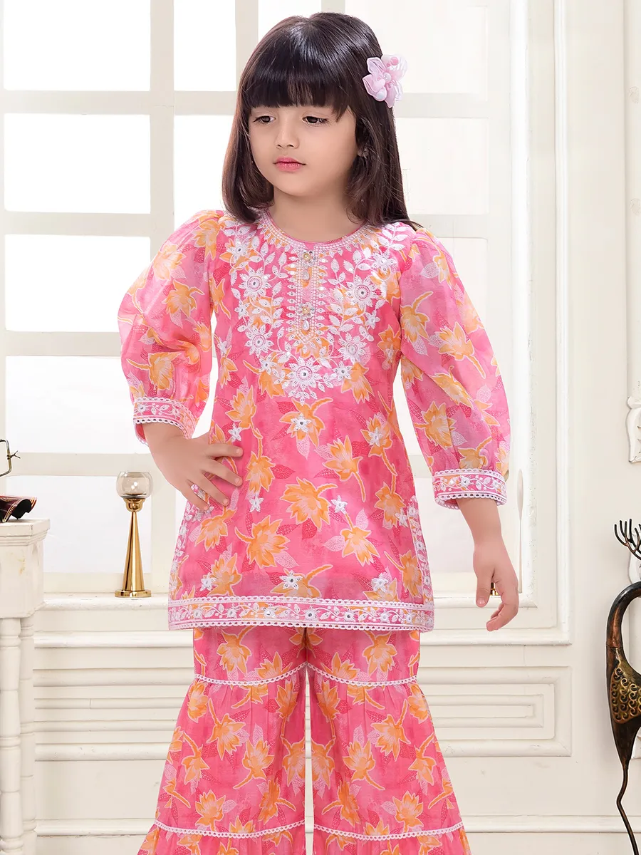 Printed pink cotton sharara salwar suit