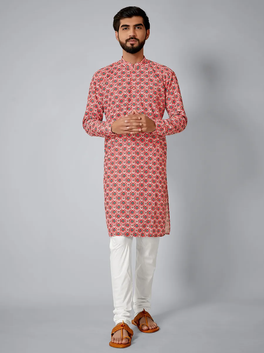 Printed pink cotton silk  Men Kurta pajama for festive