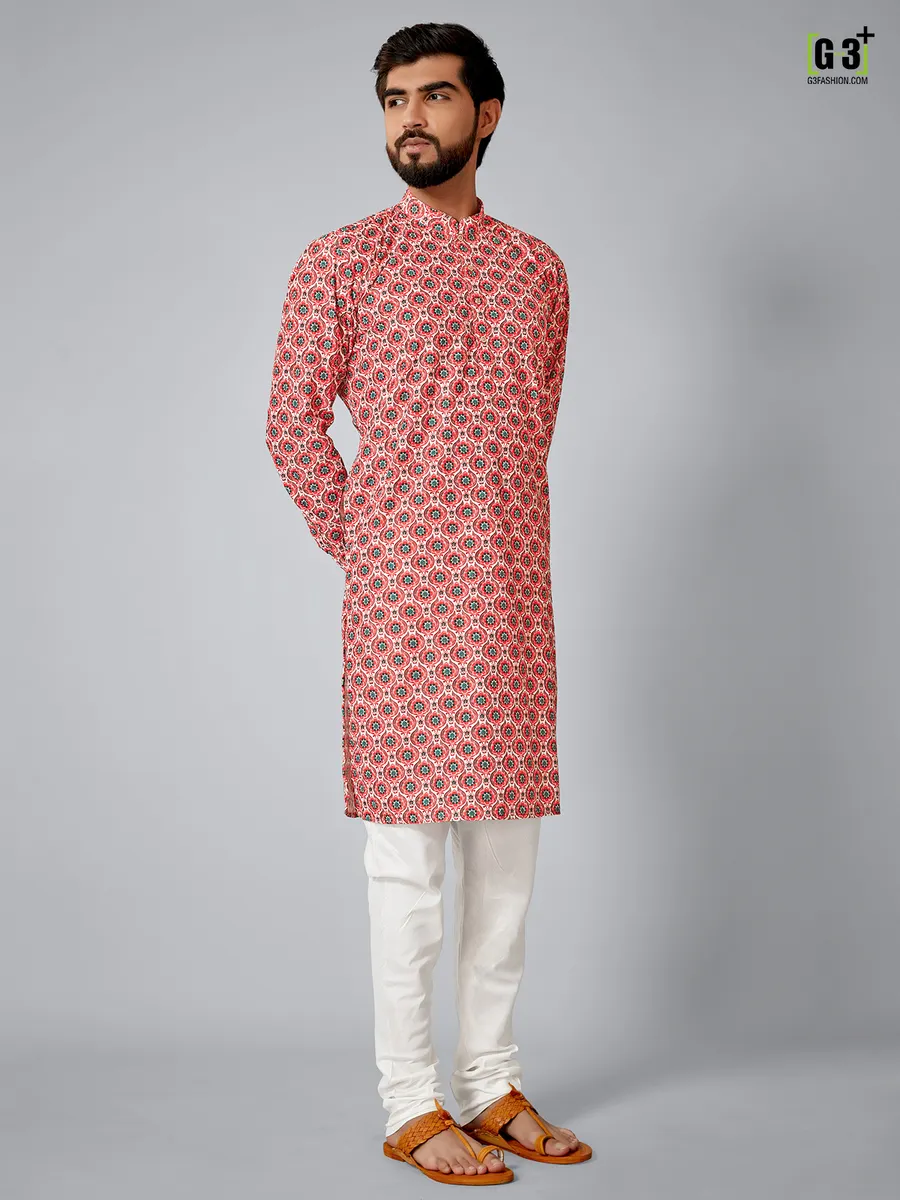 Printed pink cotton silk  Men Kurta pajama for festive