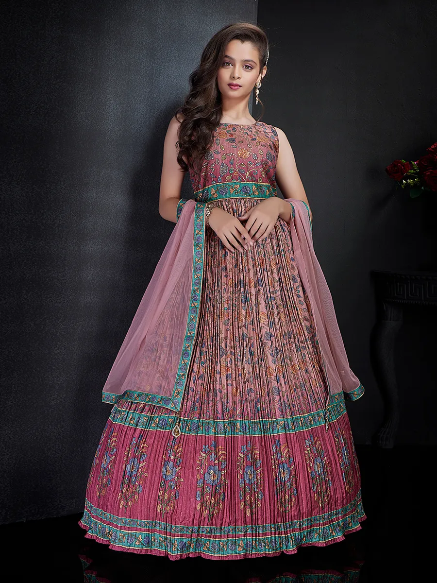 Printed pink silk anarkali suit