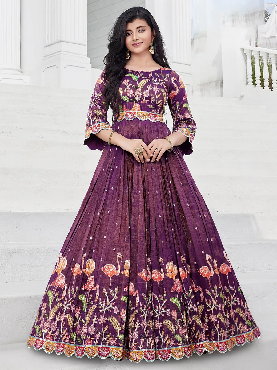 Printed purple silk gown for girls