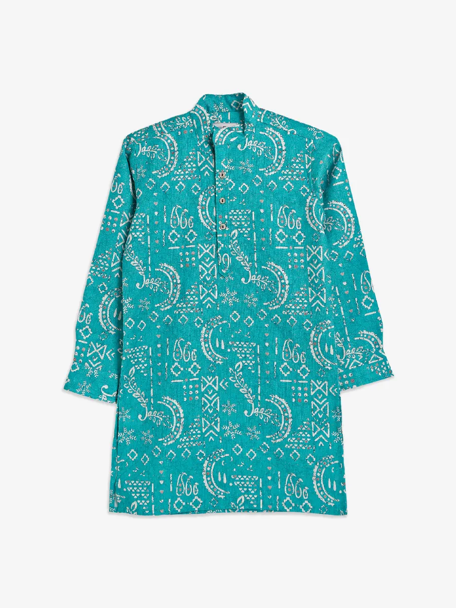 Printed rama blue cotton kurta