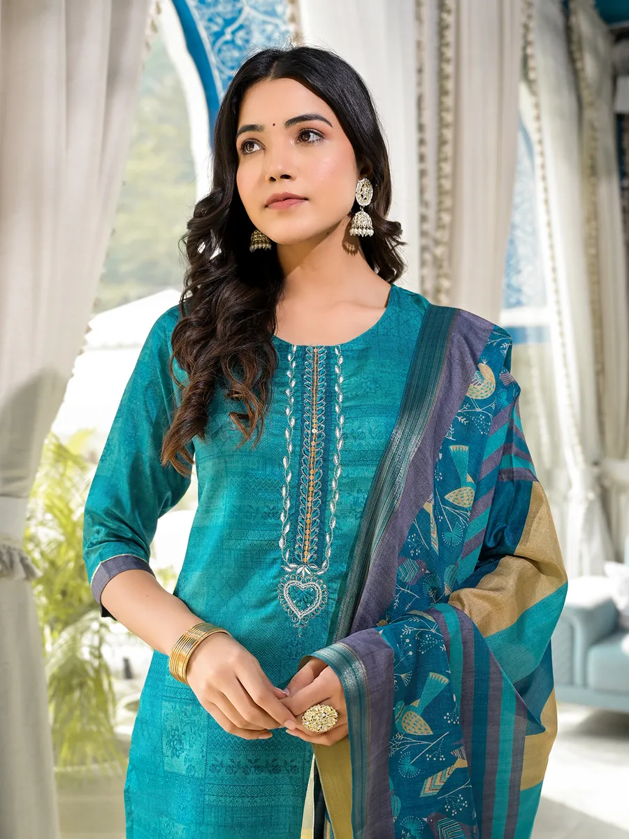 Printed rama blue kurti set in silk