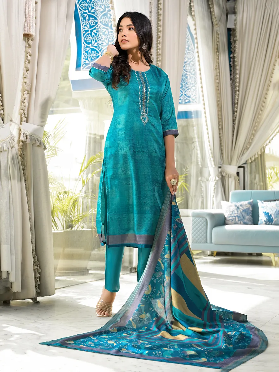 Printed rama blue kurti set in silk