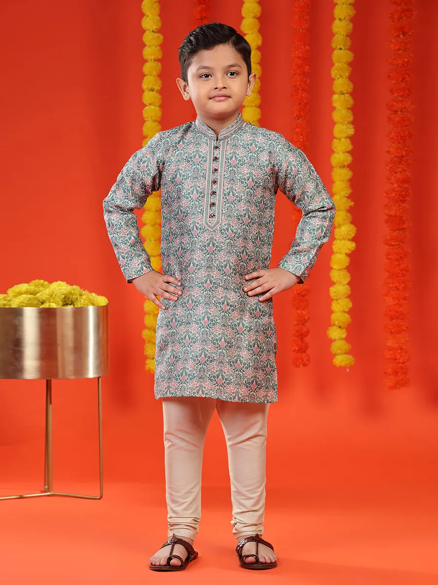 Printed rama green brocade kurta suit