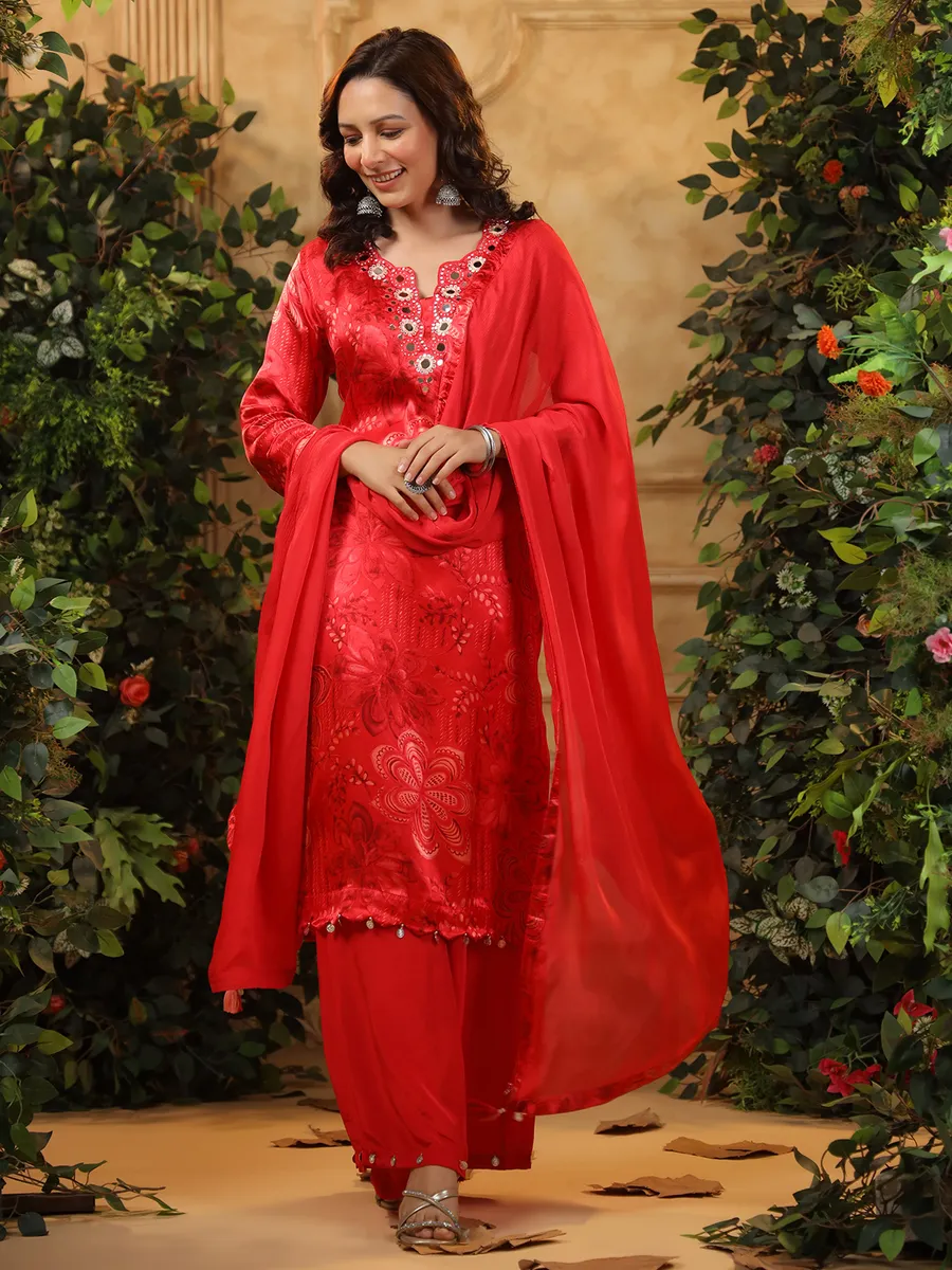 Printed red satin silk printed palazzo kurti set