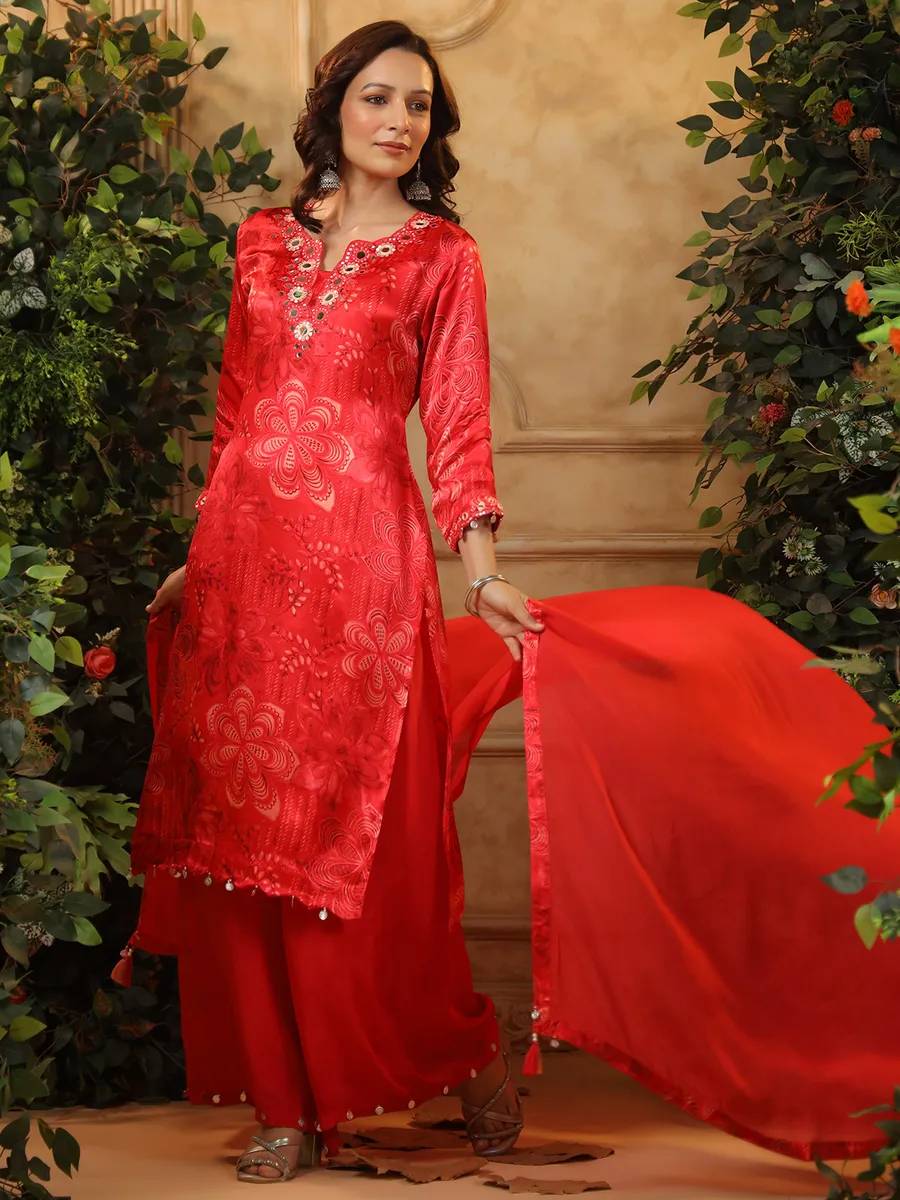 Printed red satin silk printed palazzo kurti set