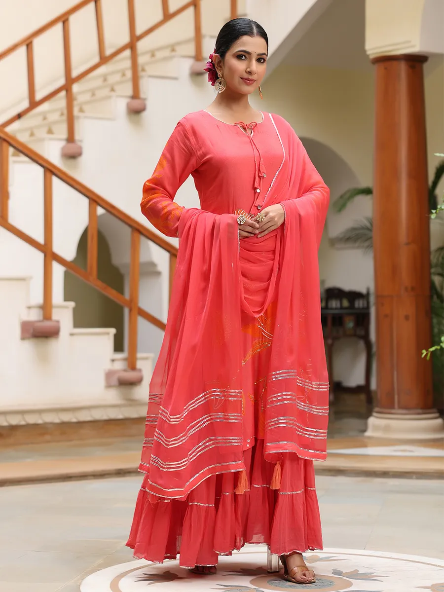 Printed red silk long kurti with dupatta