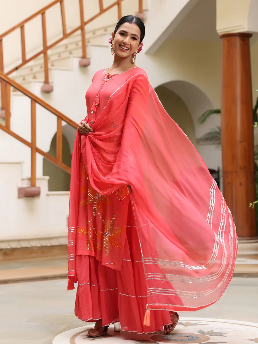 Printed red silk long kurti with dupatta