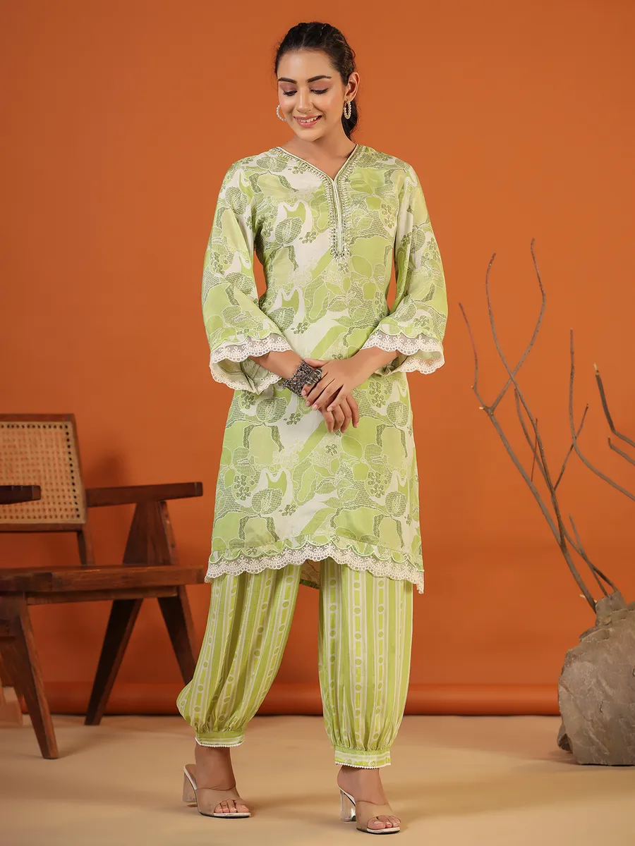 Printed sage green silk co ord set