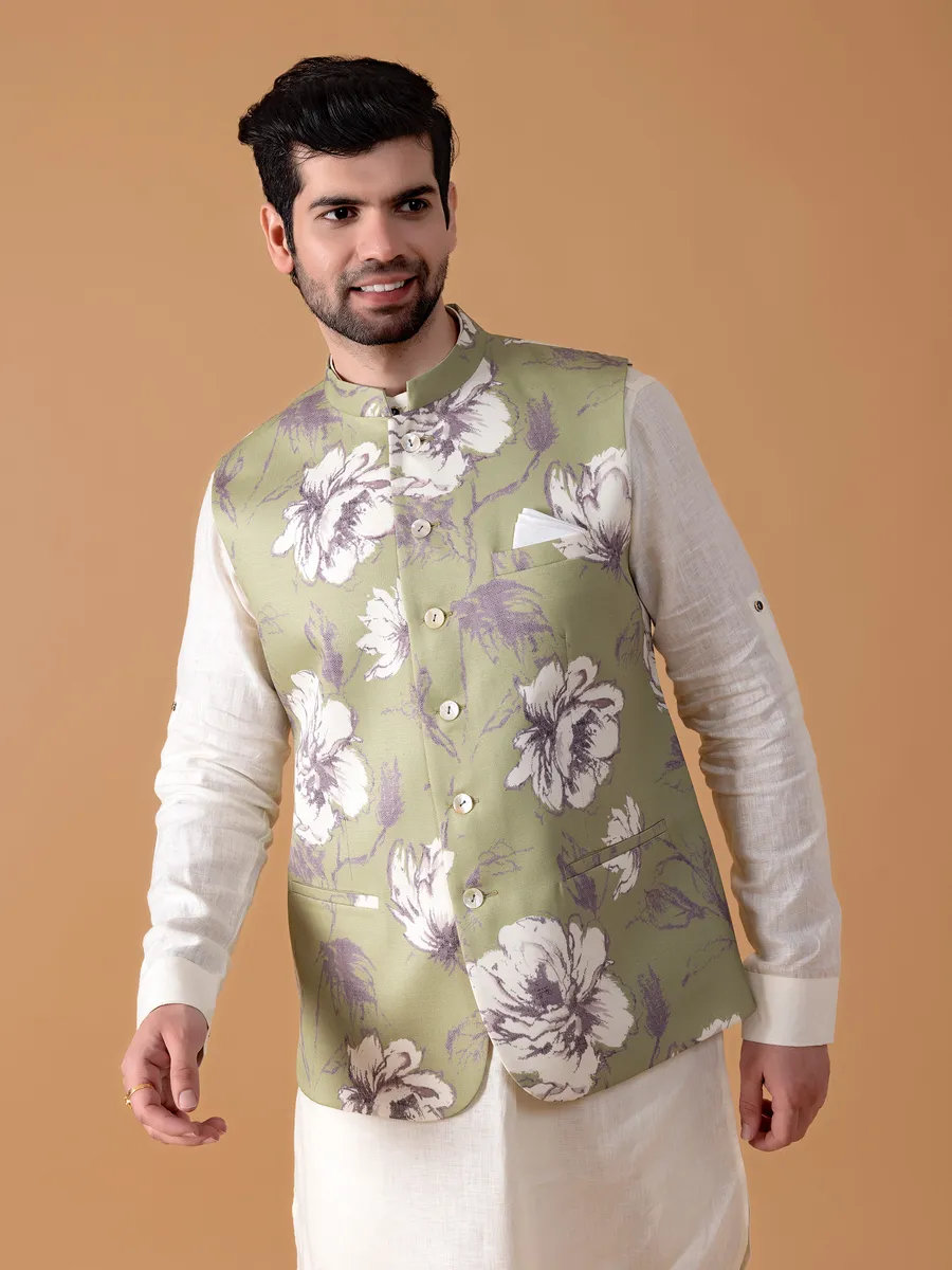 Printed sage green terry rayon waistcoat