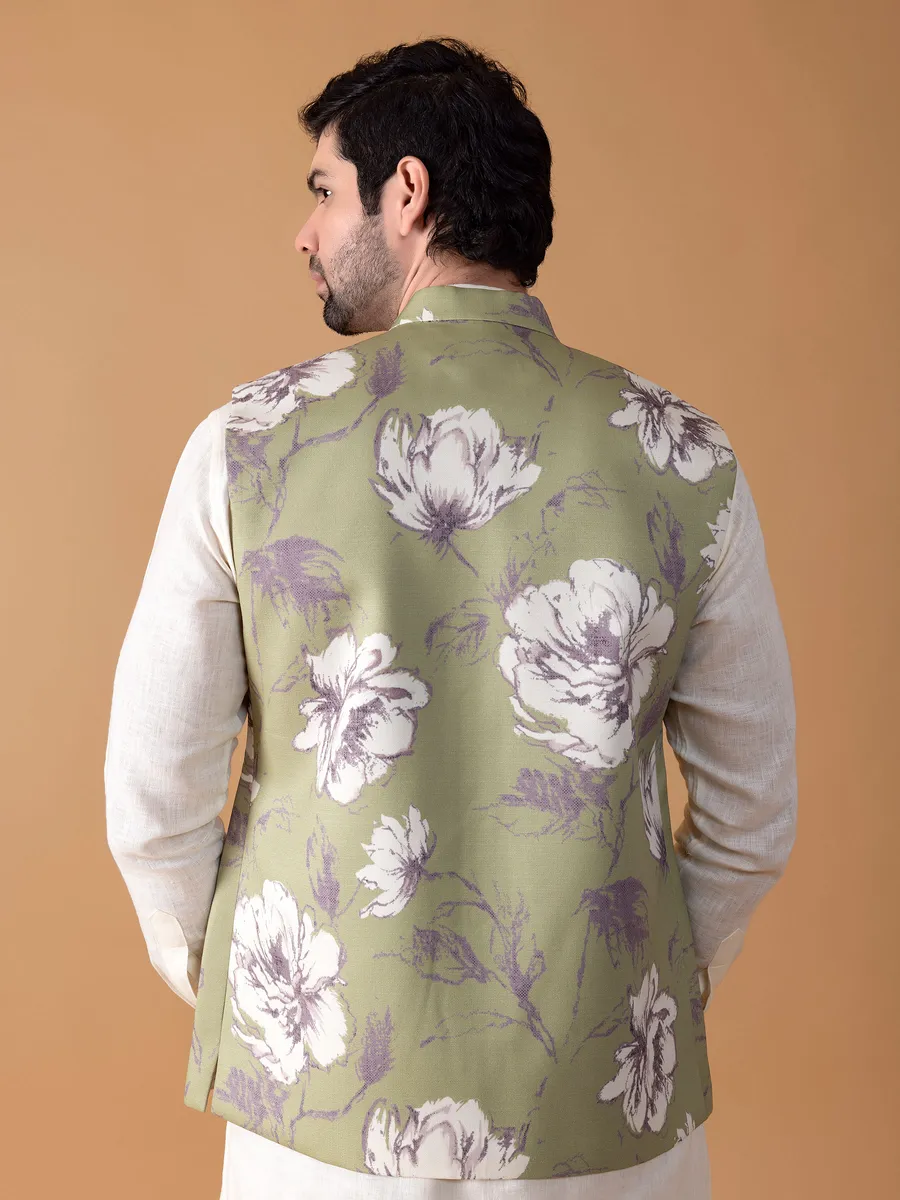 Printed sage green terry rayon waistcoat