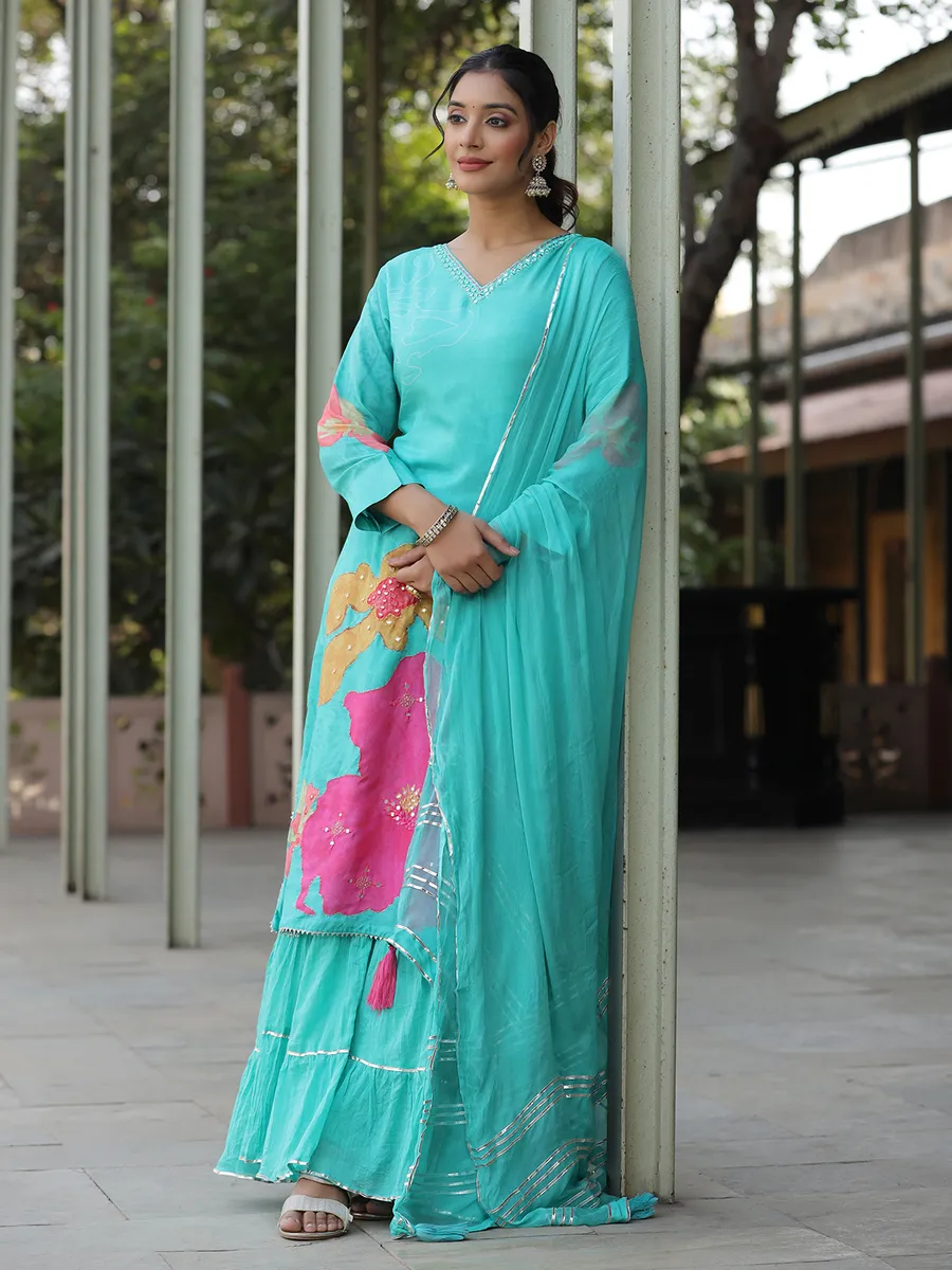 Printed silk aqua long kurti with dupatta