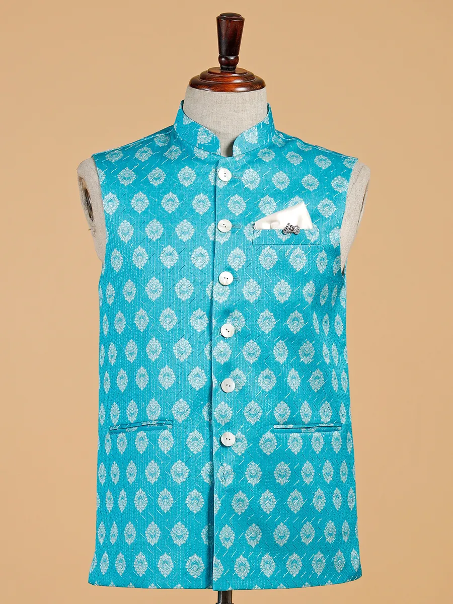 Printed silk aqua waistcoat