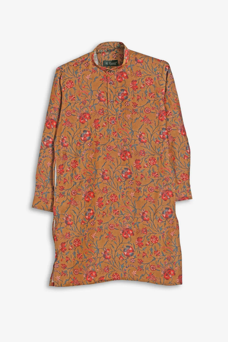 Printed silk brown kurta suit