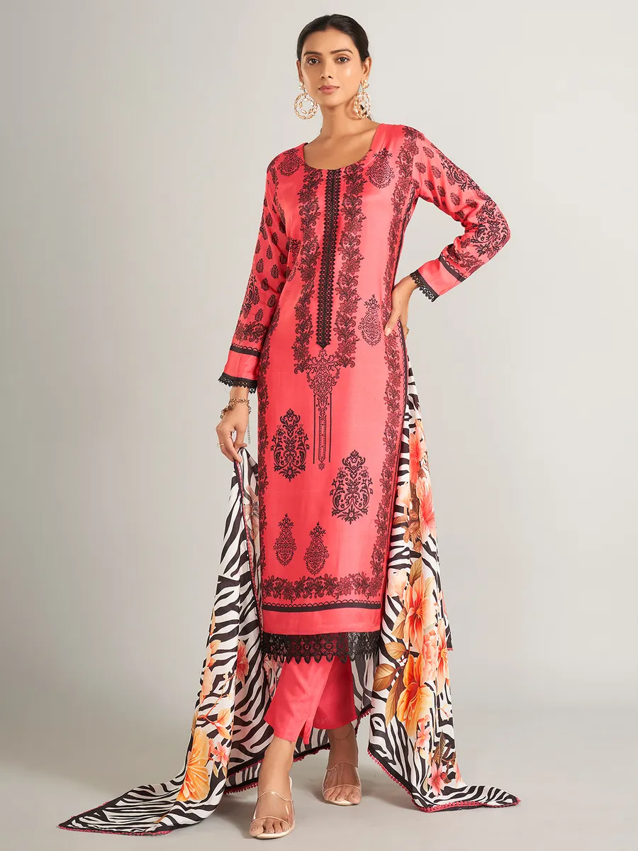 Printed silk dark peach salwar suit