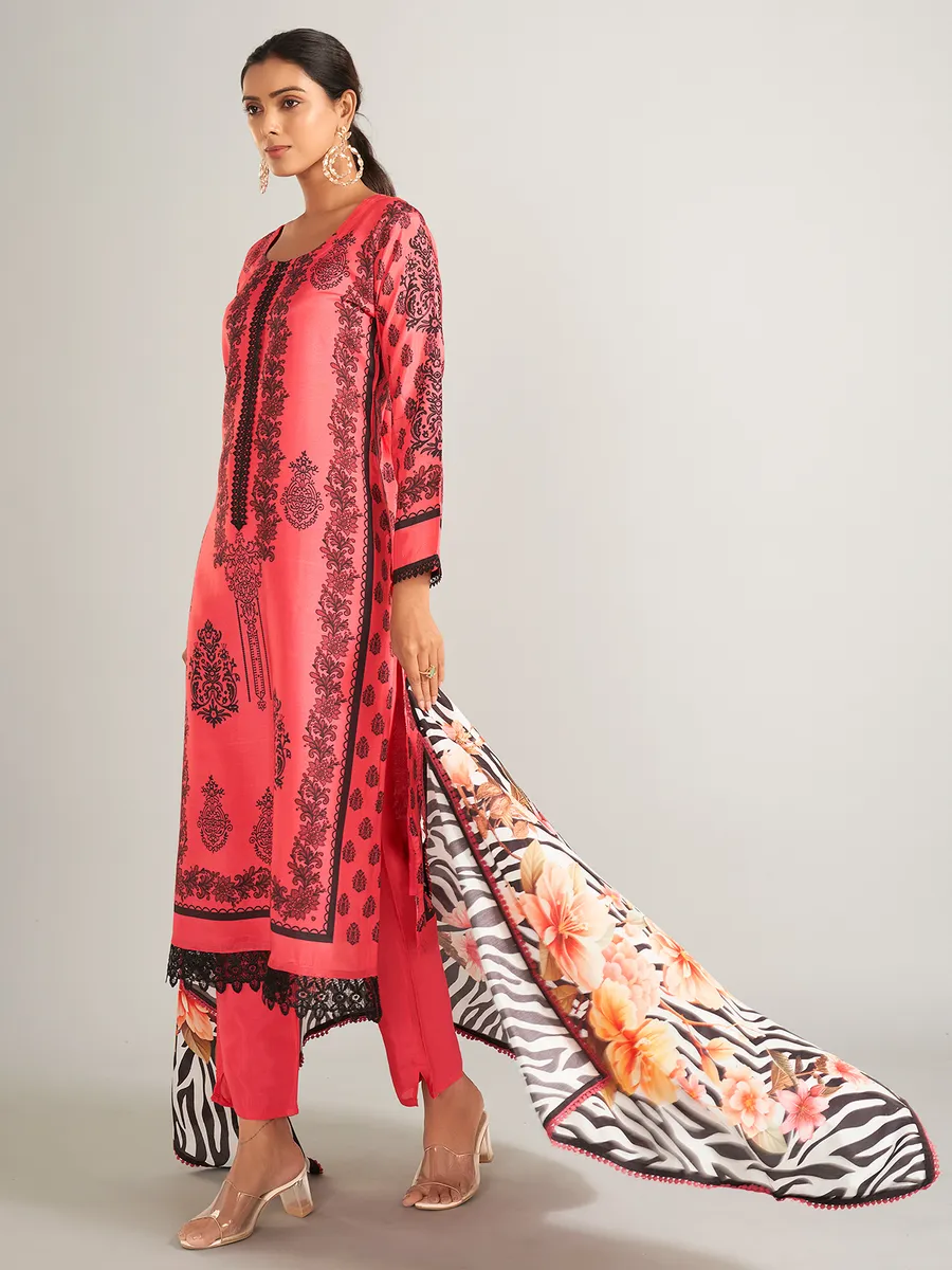 Printed silk dark peach salwar suit