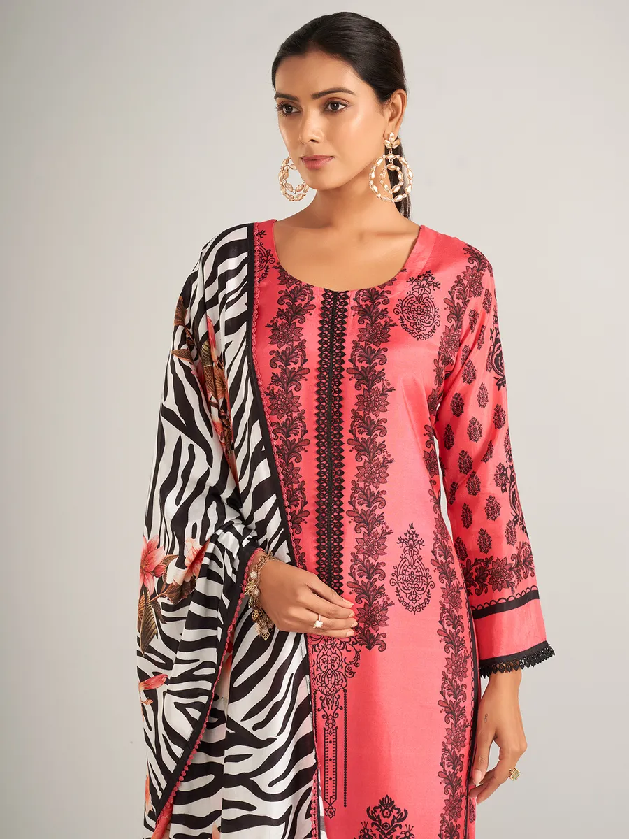Printed silk dark peach salwar suit