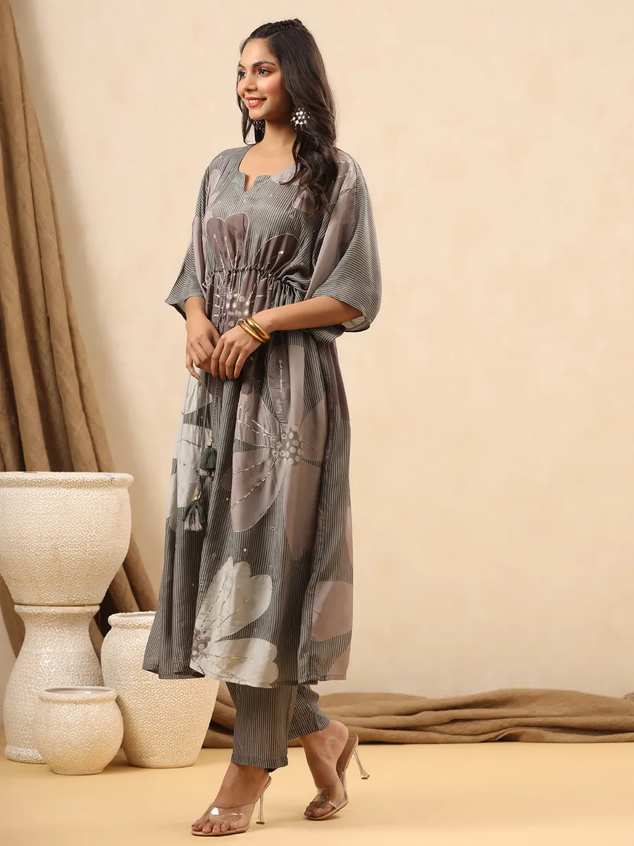 Printed silk grey kurti set