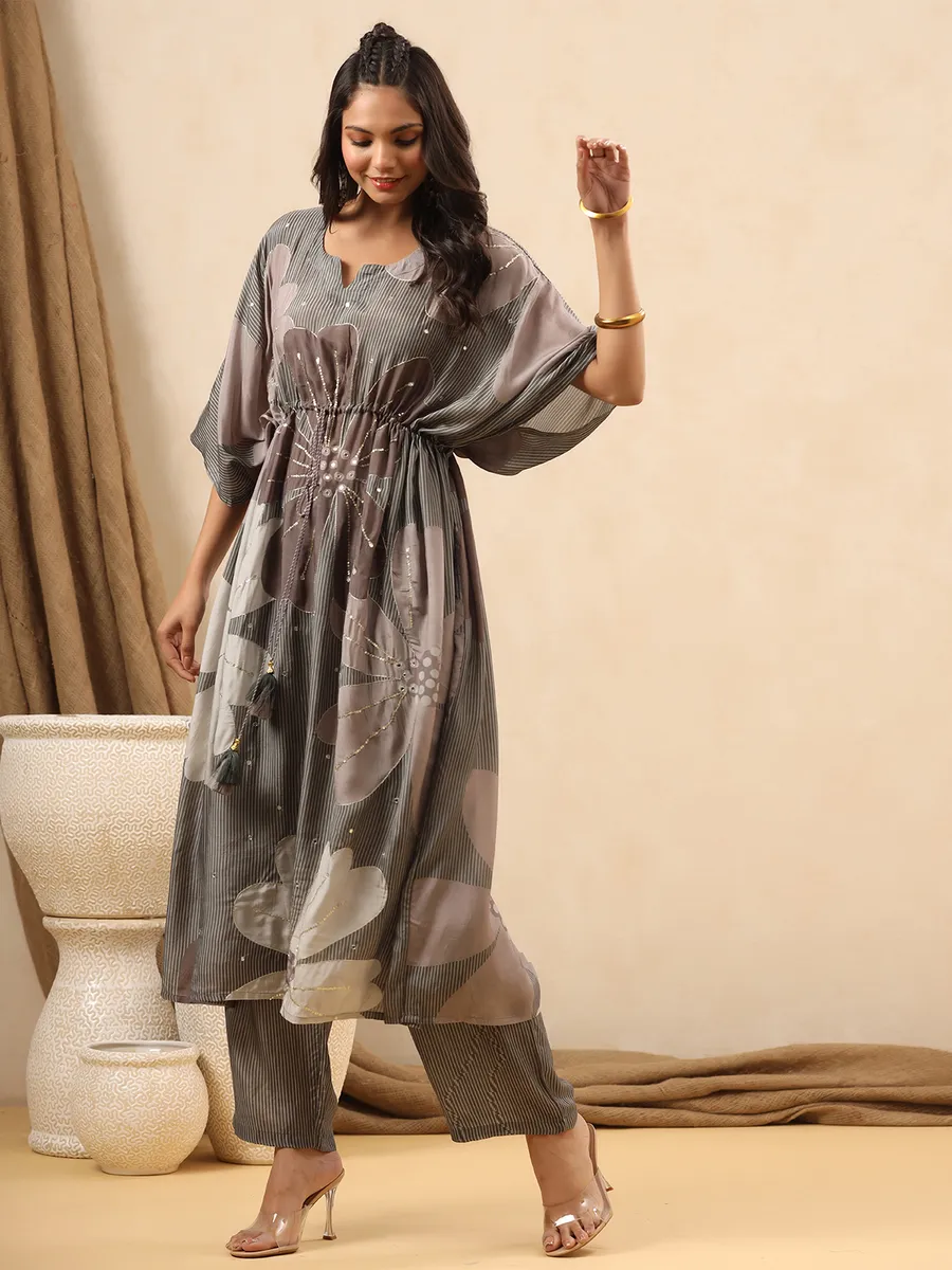 Printed silk grey kurti set