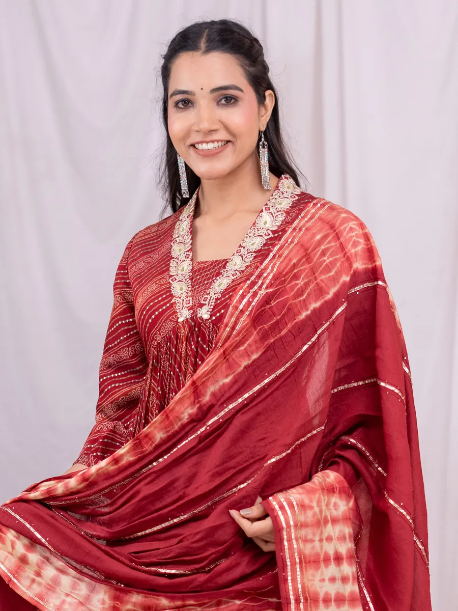 Printed silk kurti set in maroon