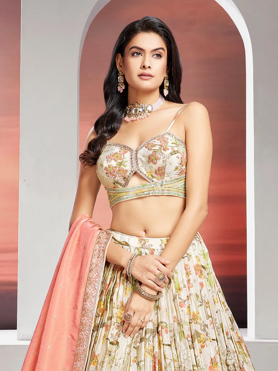 Printed silk off white lehenga choli