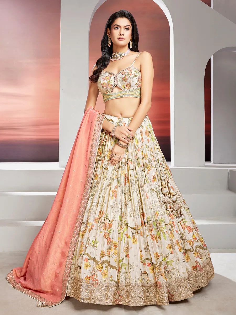 Printed silk off white lehenga choli