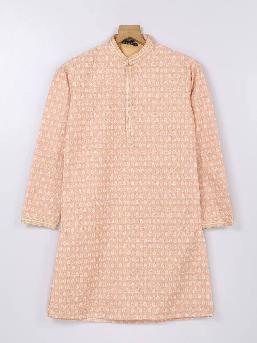 Printed silk peach boys kurta suit