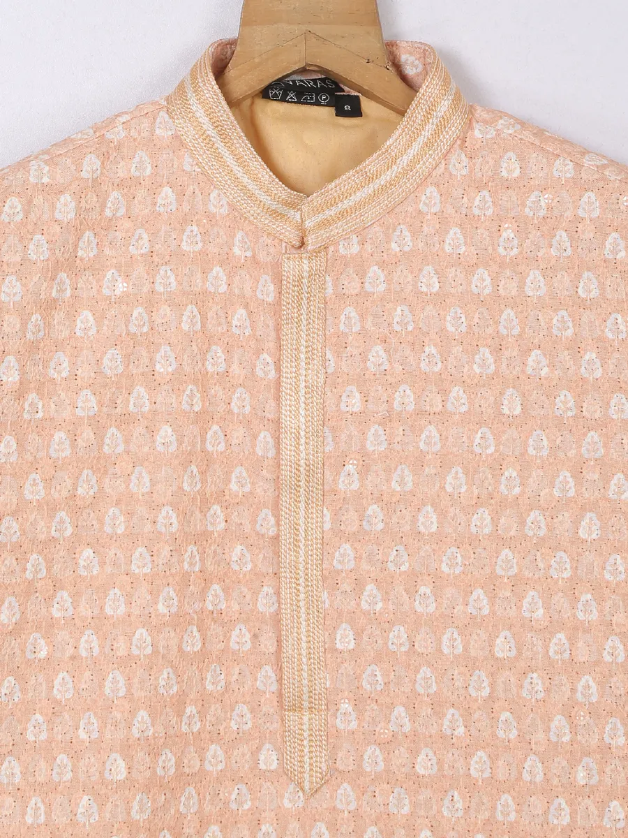 Printed silk peach boys kurta suit