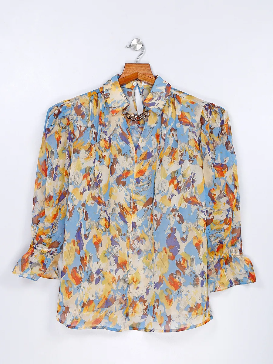 Printed sky blue georgette top