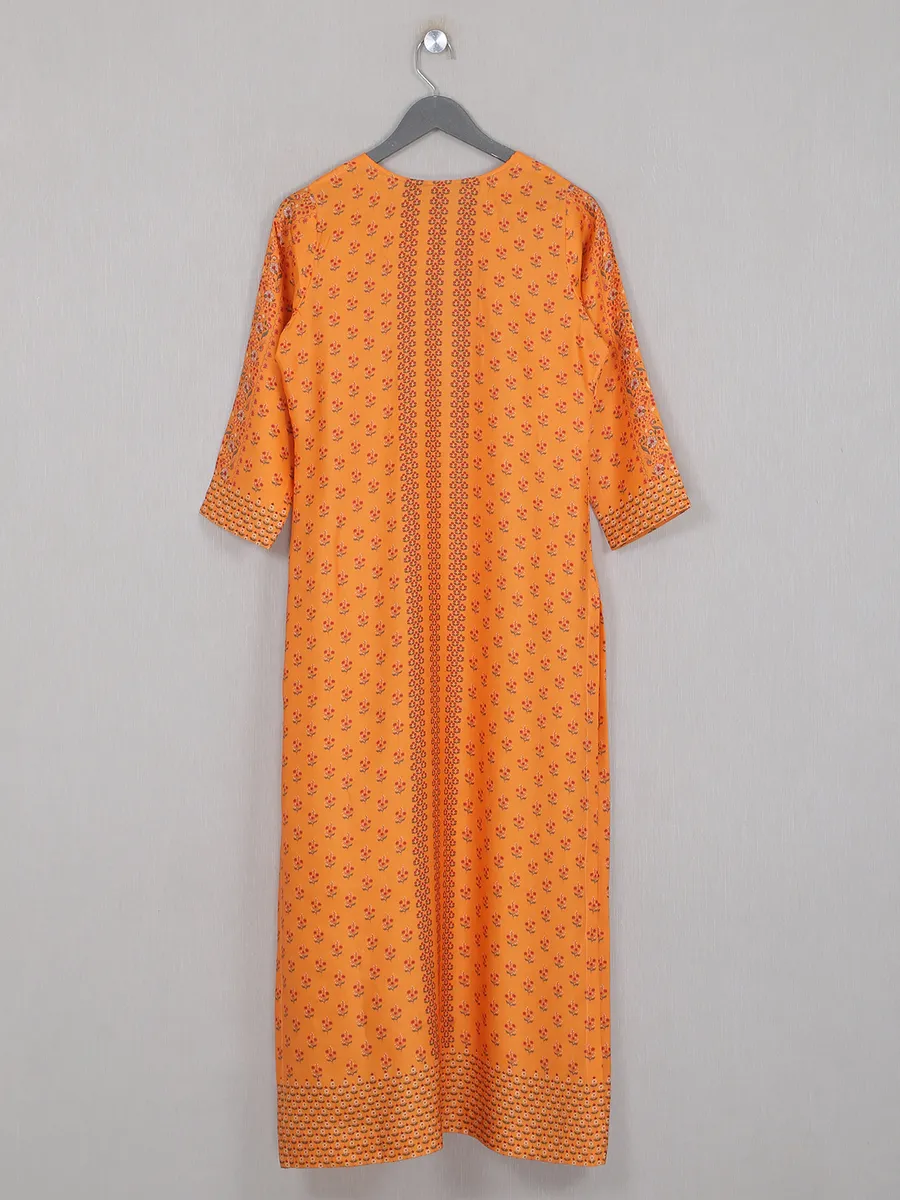 Printed style carrot orange shade cotton silk kurti