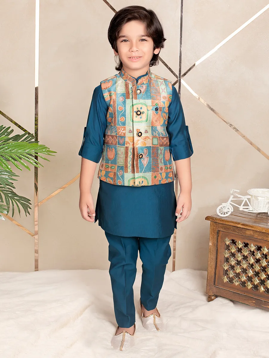 Printed stylish indigo blue waistcoat set for boys