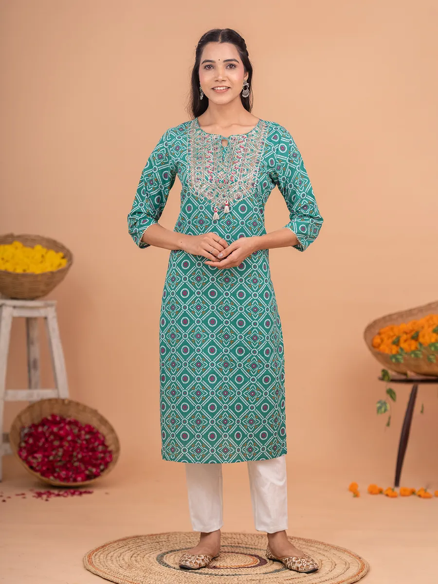 Printed teal green cotton kurti