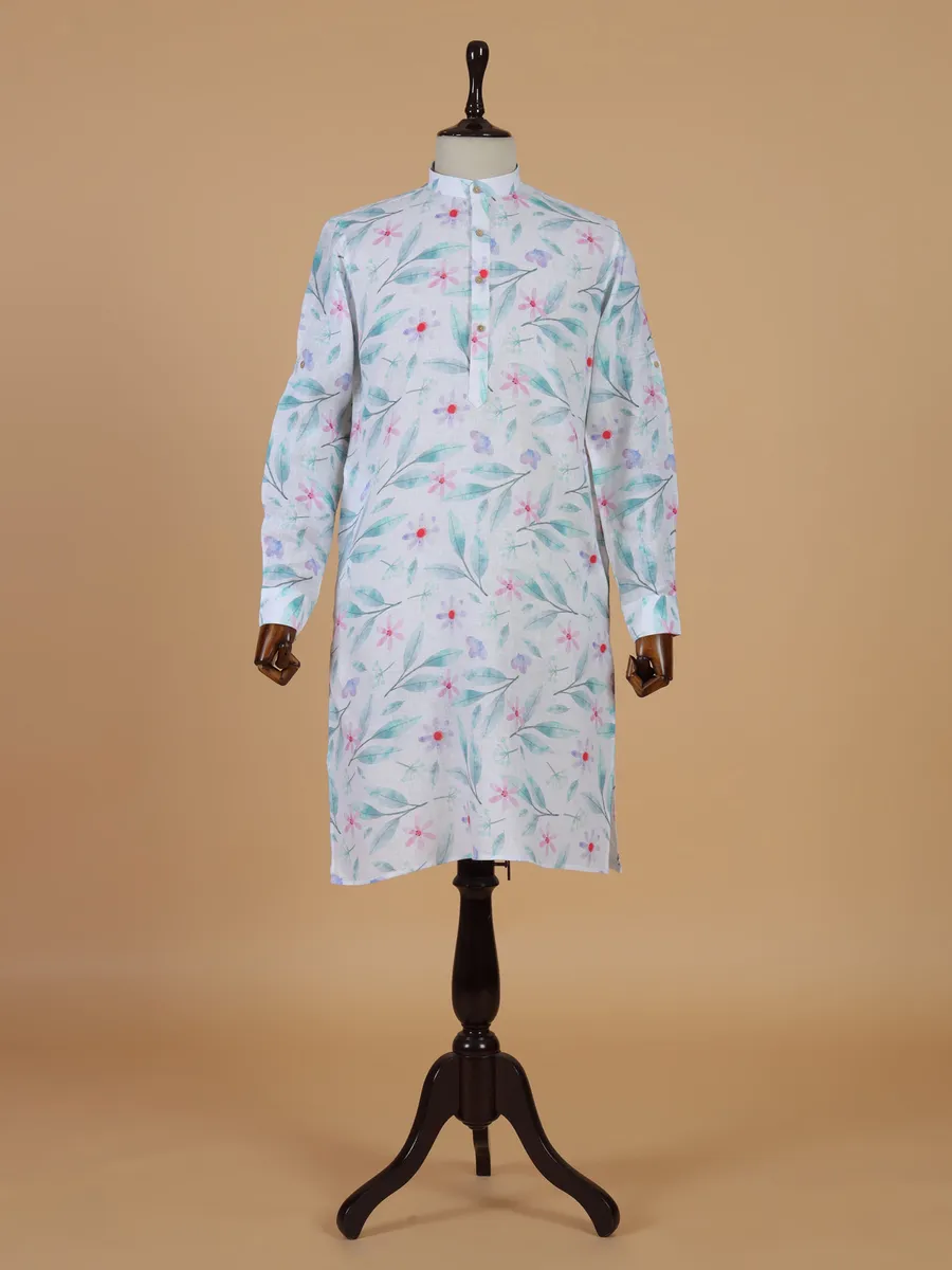 Printed white cotton kurta set with multicolor prints