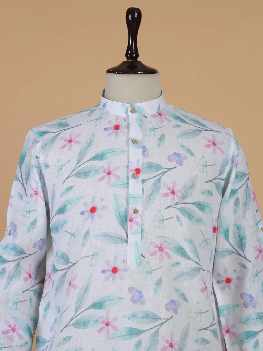 Printed white cotton kurta set with multicolor prints