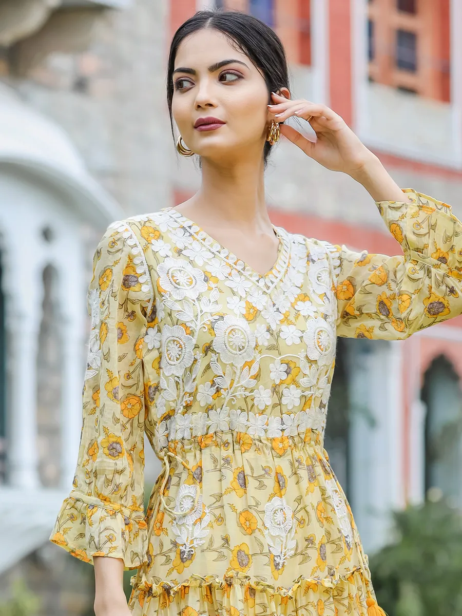 Printed yellow cotton kurti for casual