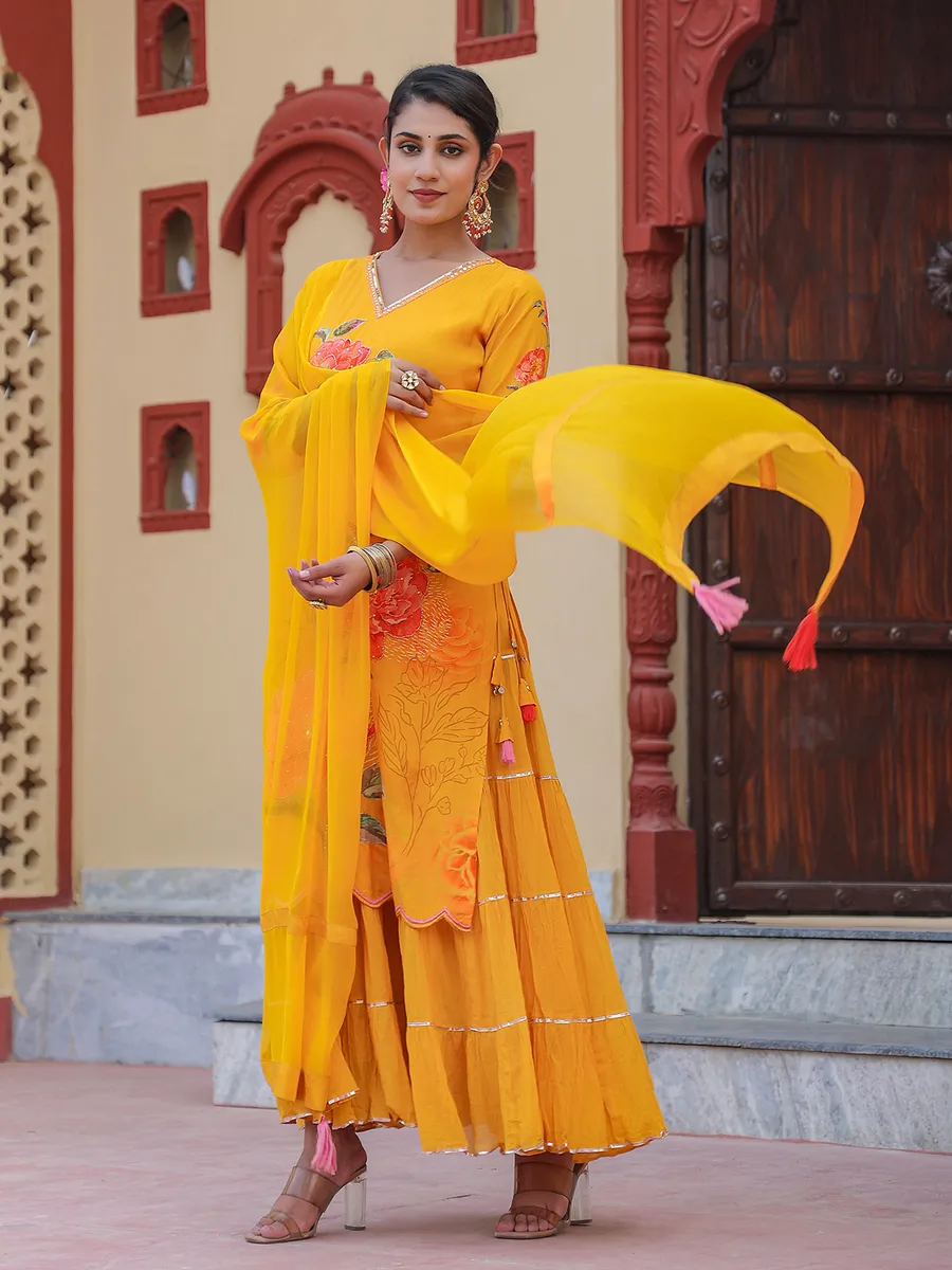 Printed yellow silk long kurti