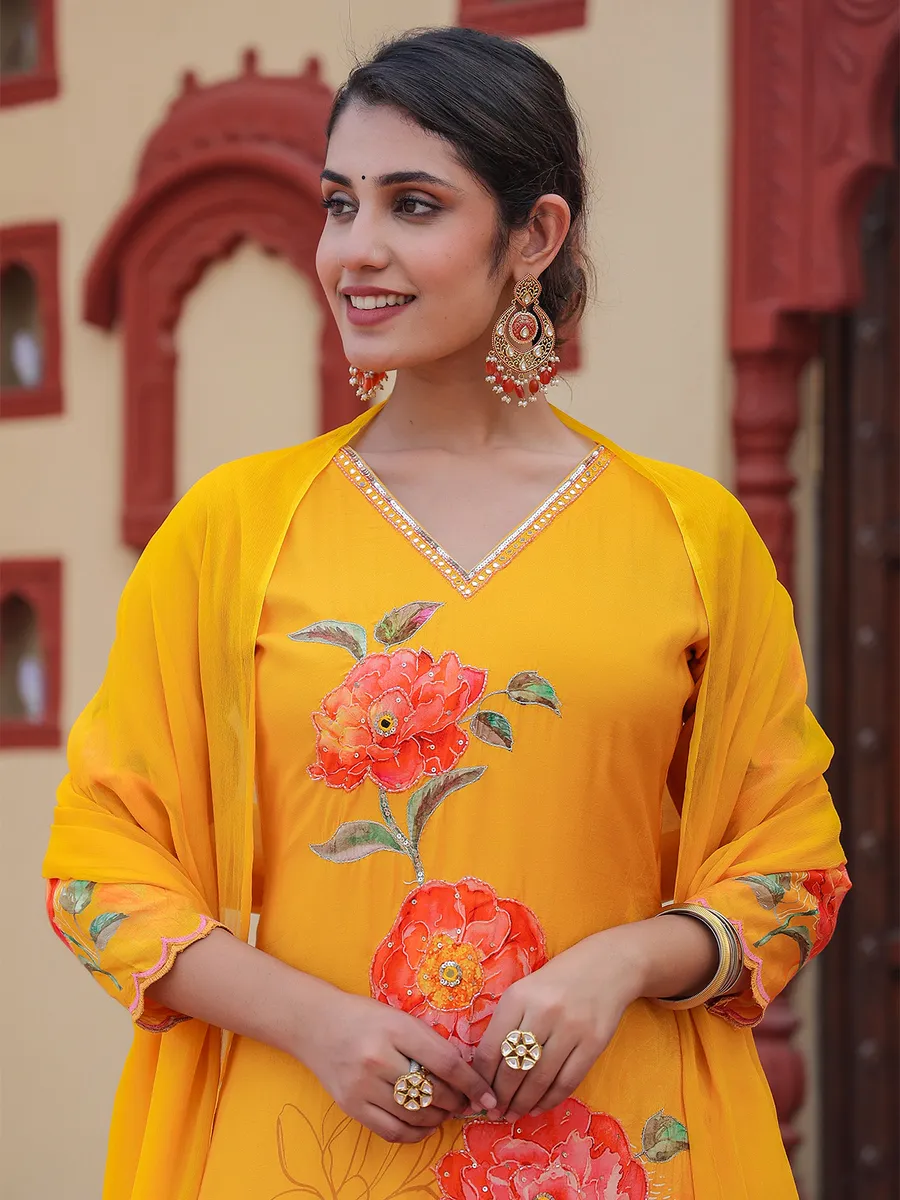 Printed yellow silk long kurti