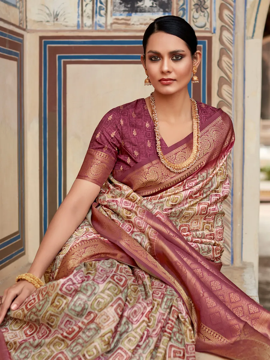 Purple and beige printed silk saree