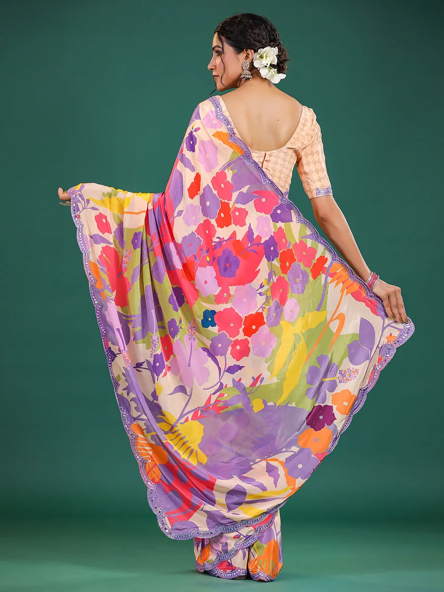 Purple and cream muslin silk printed saree