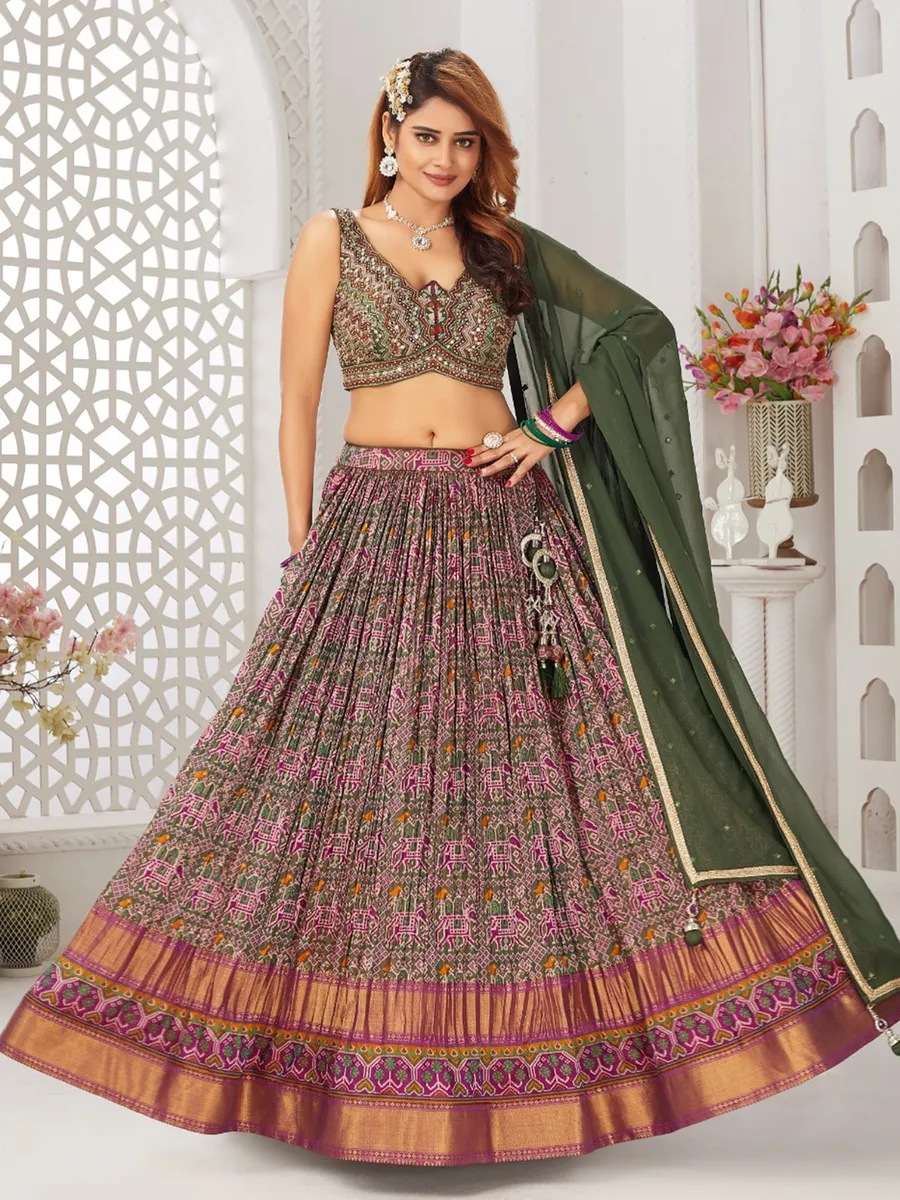 Purple and green patola printed lehenga choli