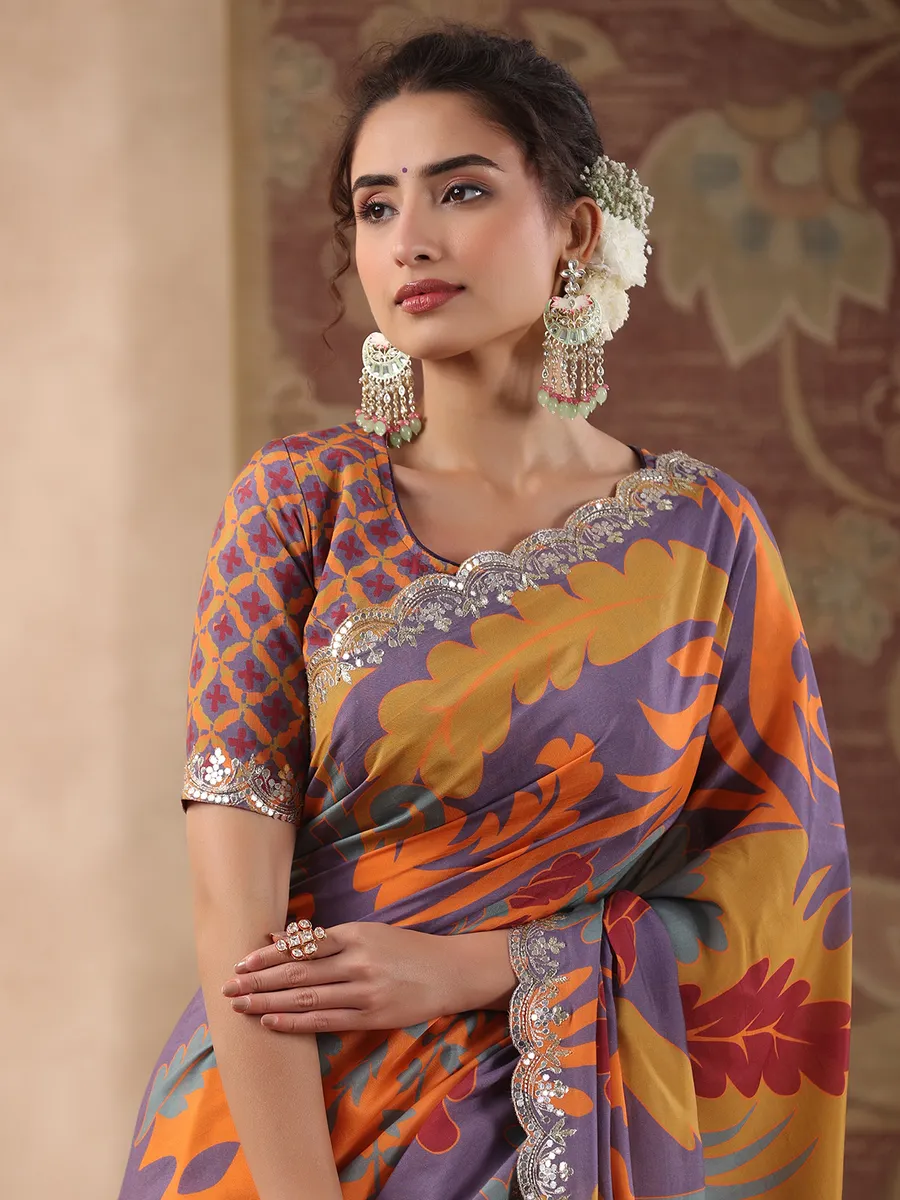 Purple and orange printed muslin silk saree