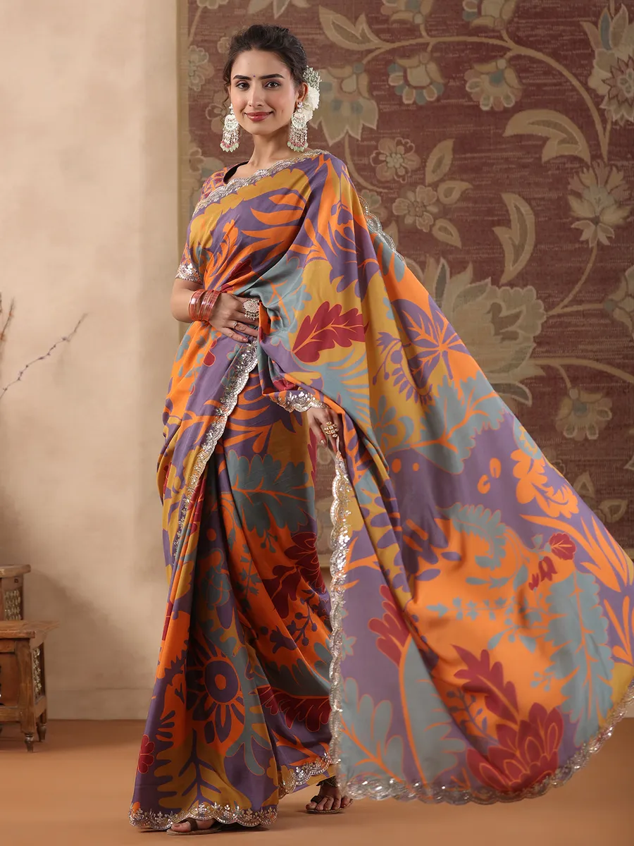 Purple and orange printed muslin silk saree