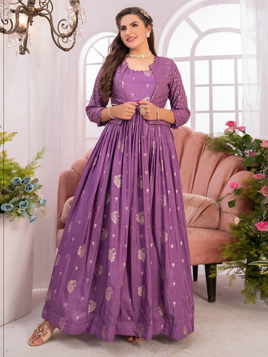 Purple banarasi silk jacket style anarkali suit